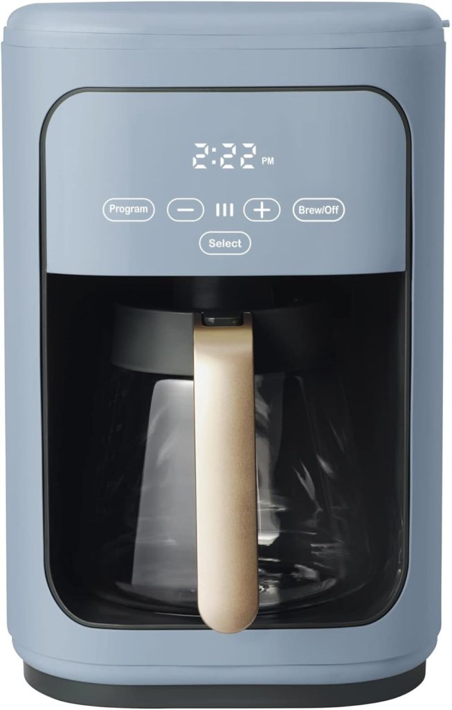 A modern coffee maker with a blue exterior, featuring a digital clock display and buttons for programming, brewing, and selection.