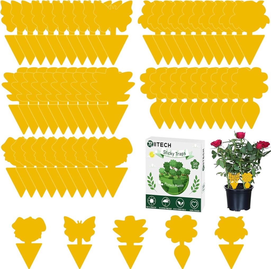A collection of yellow sticky traps for plants, featuring various shapes such as butterflies and flowers, alongside a package labeled 'Riitech Sticky Traps' and a potted rose plant.