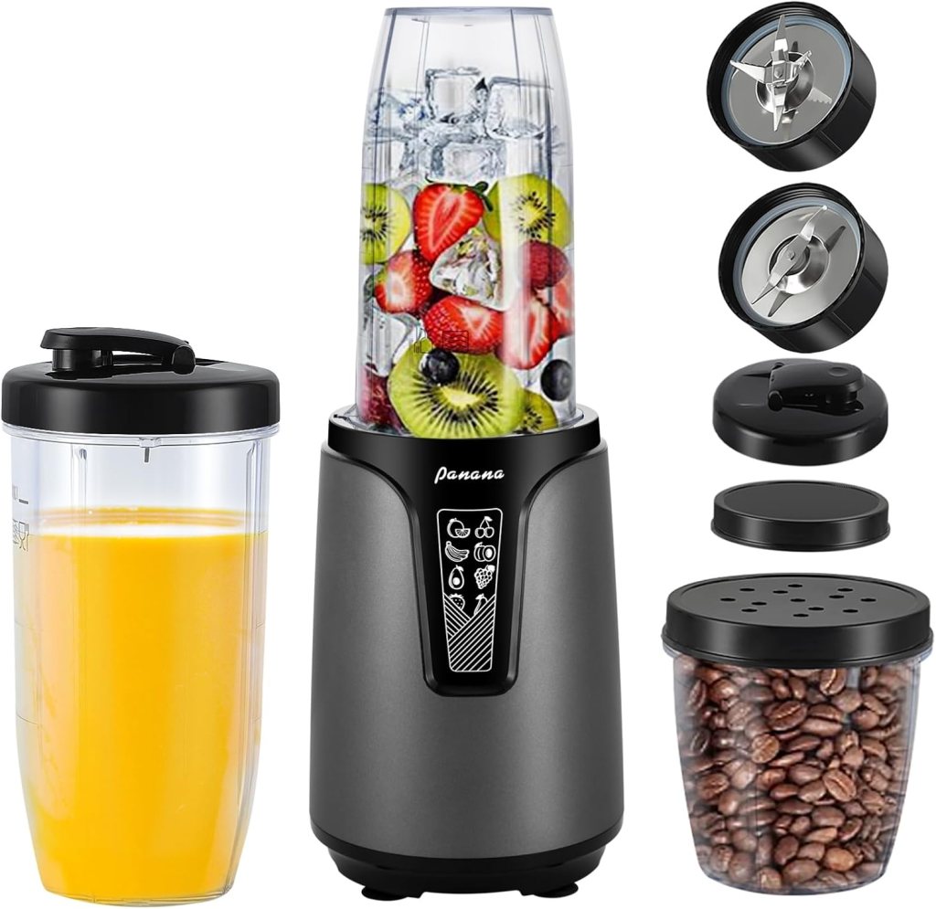 A black blender with fruits, ice, and a yellow smoothie in a cup, accompanied by various lids and containers for blending and storing ingredients.