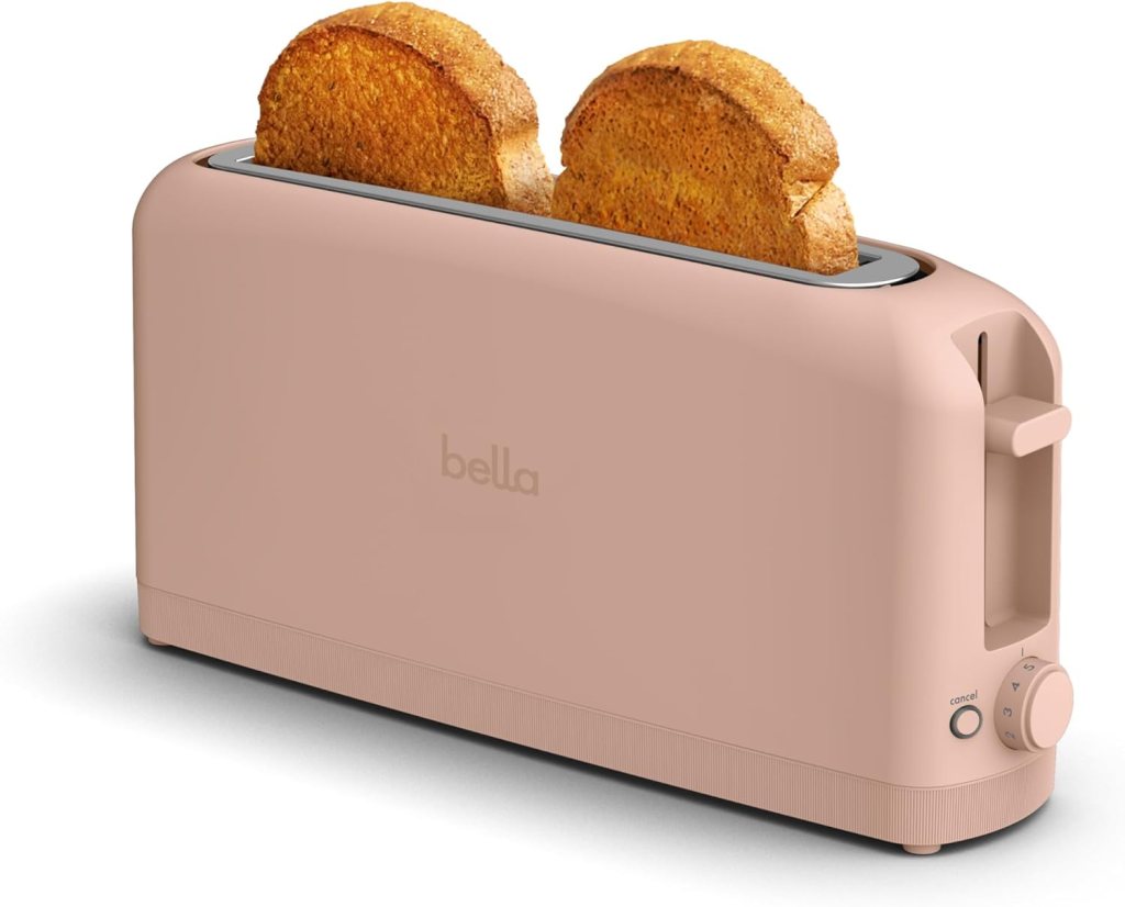 A pink toaster with two slices of toasted bread visible on the top.