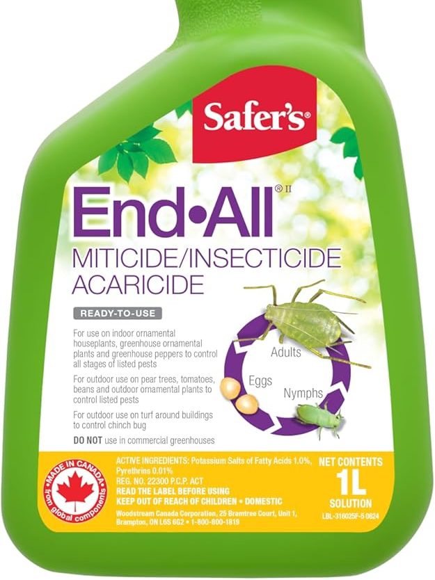 Image of Safer's End-All miticide/insecticide acaricide, ready-to-use formulation, highlighting its use for indoor and outdoor plants, including pests and their life stages.