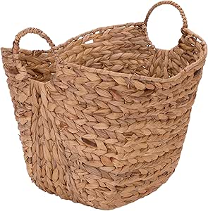 A natural woven storage basket made of straw or similar material, featuring two handles on the sides.