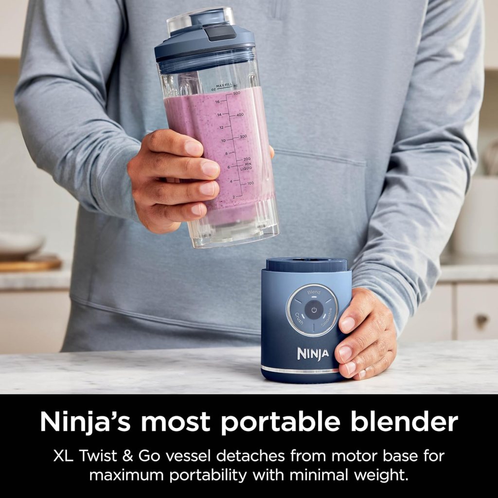 A person holding a clear container filled with a purple smoothie, with a Ninja portable blender motor base in the foreground. The text on the image highlights the blender's features.