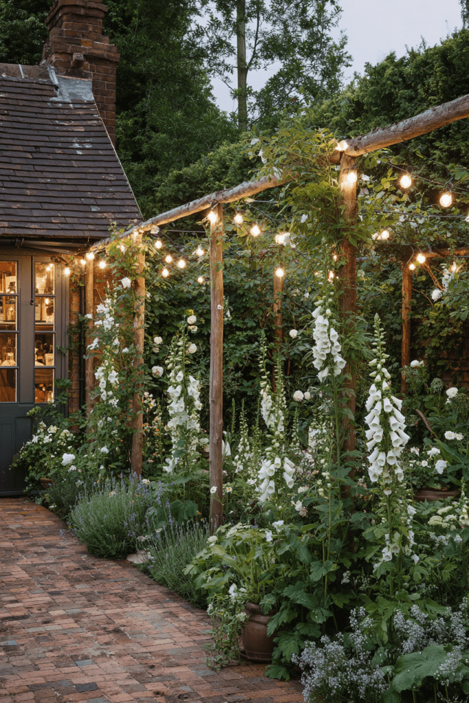 A charming garden scene featuring a cozy cottage with warm light glowing from the windows, surrounded by lush greenery and white blooming flowers. String lights hang above a wooden pergola, enhancing the enchanting atmosphere.