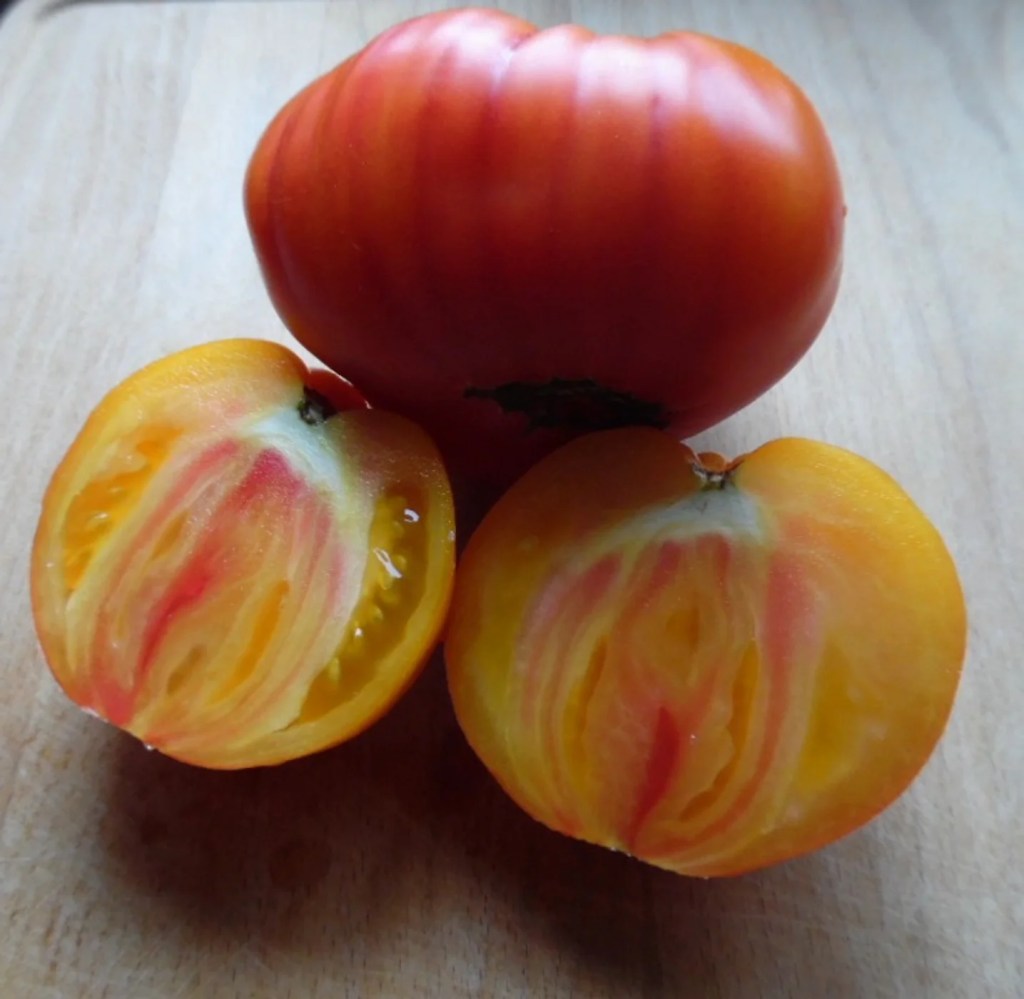 A ripe red tomato with a glossy skin, partially sliced in half to reveal its vibrant yellow and red interior, sitting on a wooden surface.