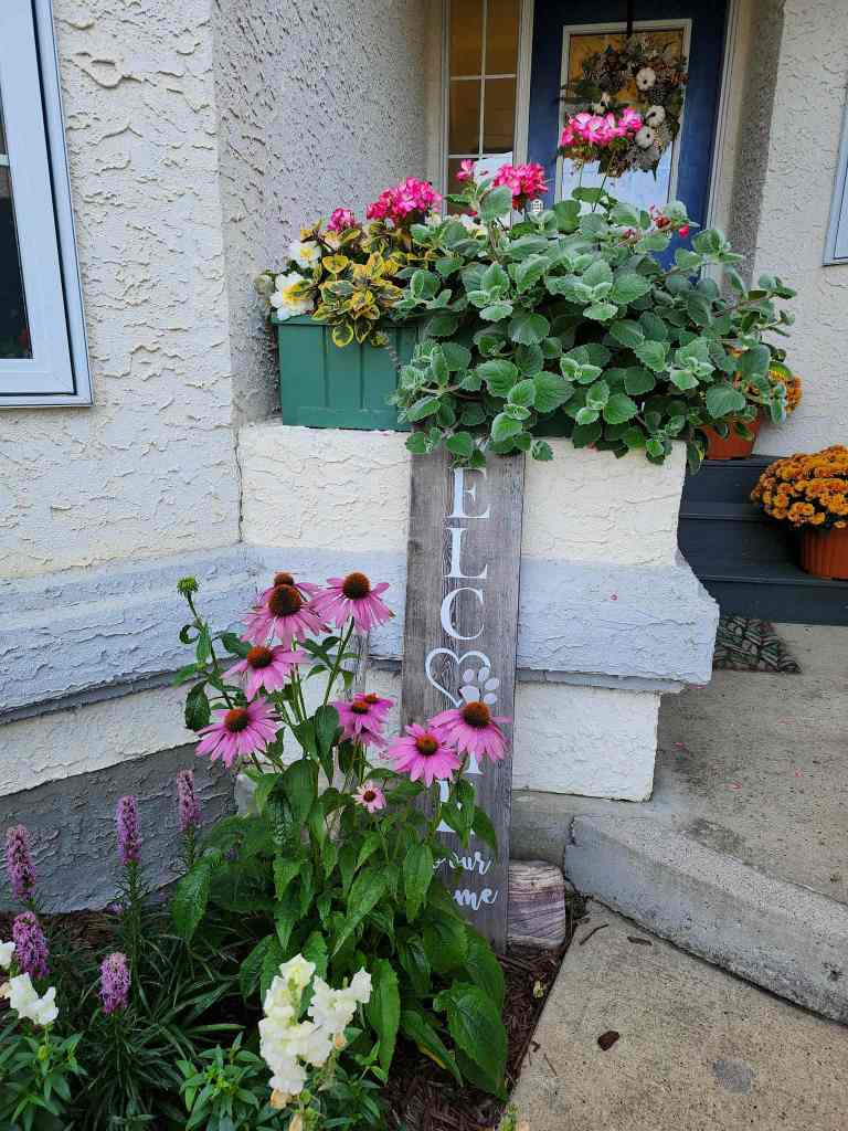A welcoming front porch featuring a decorative wooden sign reading 'Home' surrounded by vibrant flowers in planters, including pink geraniums, yellow and green foliage, and purple coneflowers.