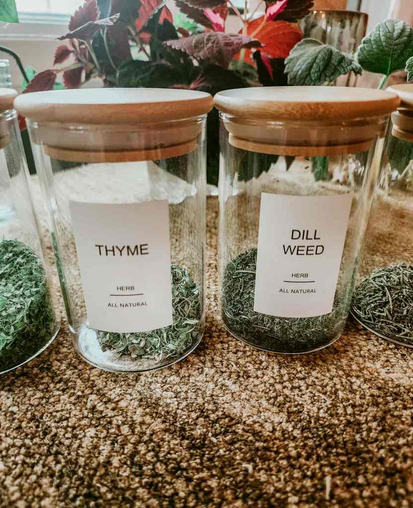 Glass jars labeled 'Thyme' and 'Dill Weed', filled with dried herbs, placed on a textured surface with greenery in the background.