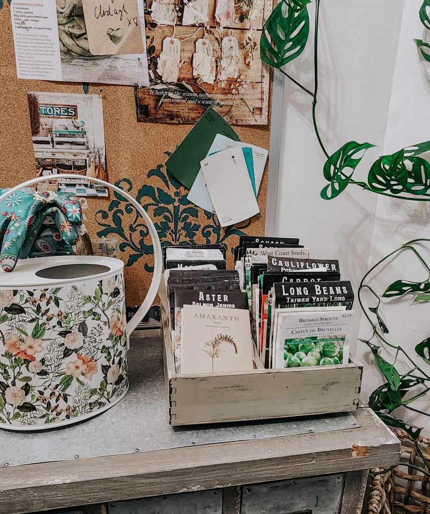 A decorative watering can and gardening gloves on a table next to a wooden box filled with various seed packets, including Aster and Amaranth, against a corkboard backdrop with pinned notes and images.
