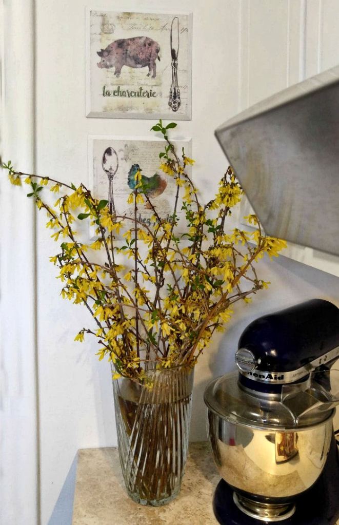 A glass vase filled with yellow flowering branches sits on a countertop next to a silver KitchenAid stand mixer. Two framed artwork pieces depicting a pig and a spoon hang on the wall behind.