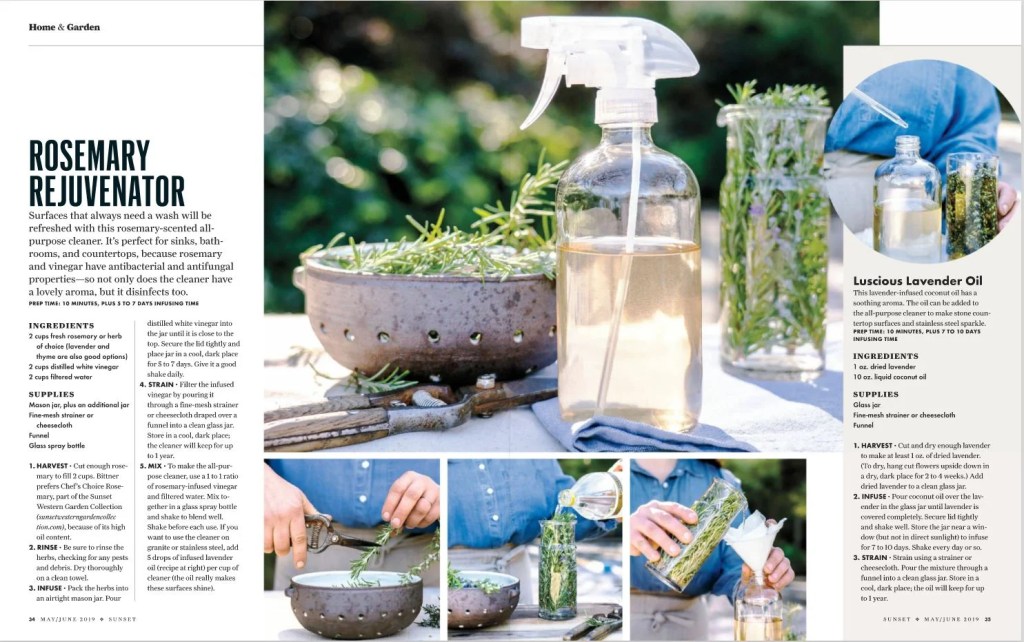 A visually appealing layout for a home and garden article featuring recipes for making rosemary rejuvenator and luscious lavender oil. Includes images of ingredients, preparation steps, and final products in glass spray bottles and jars.