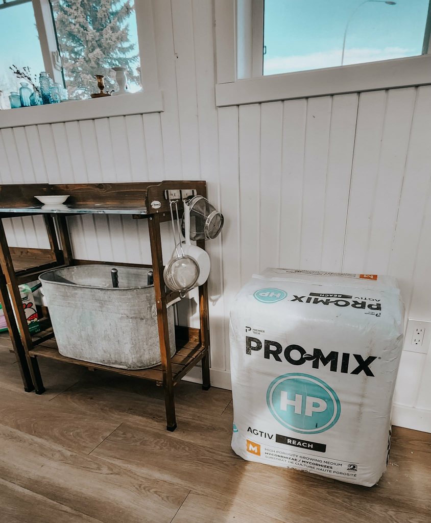 A bright room featuring a wooden shelf with a wash basin, hanging utensils, and a bag of PRO-MIX HP potting mix on the floor.