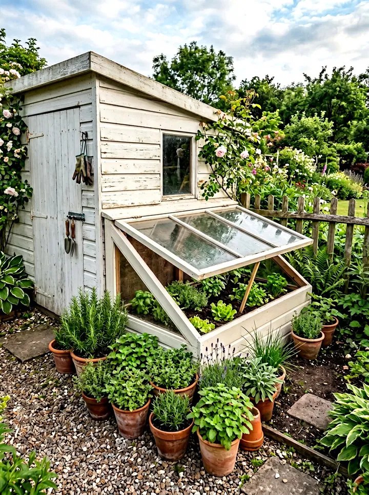 A white shed with an attached cold frame and pots of herbs on a gravel pathway. 