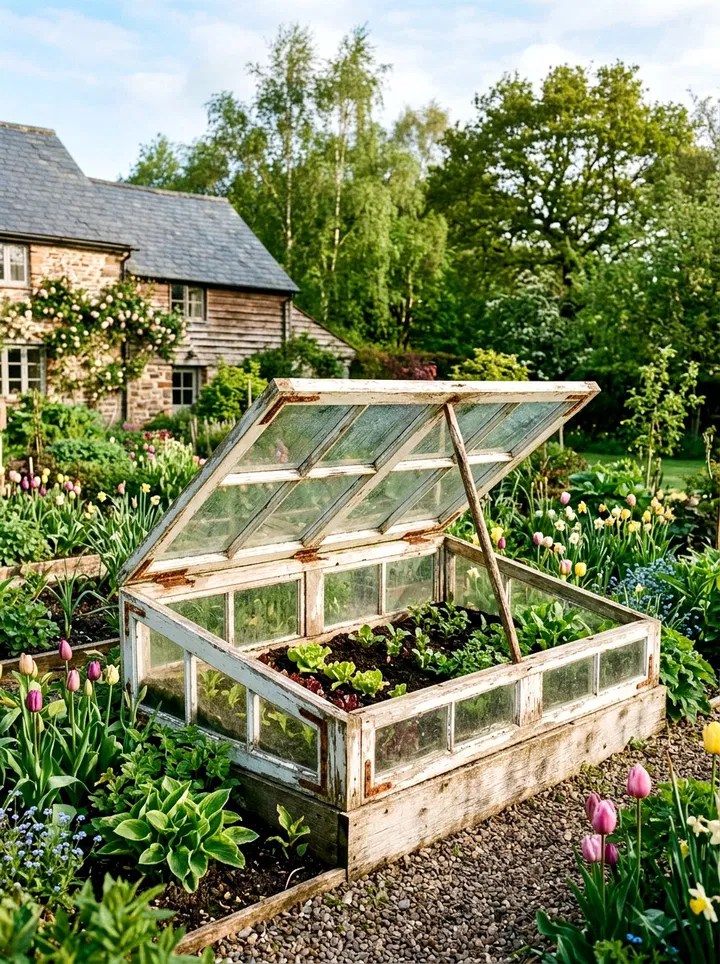 A cute, white cold frame full of lettuce, spinach, and other early veggies.