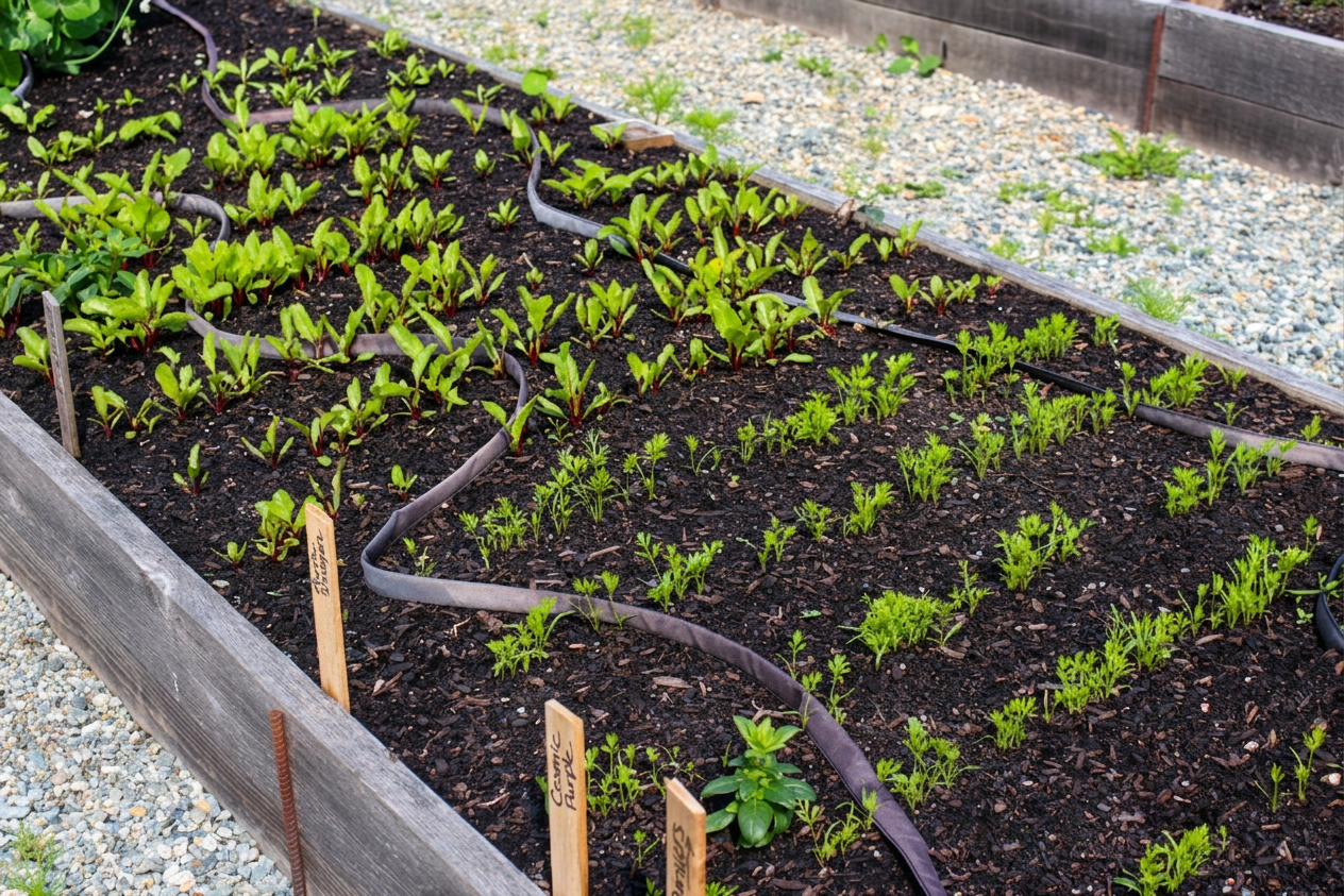 A garden in spring with small carrot and beet seedlings. 