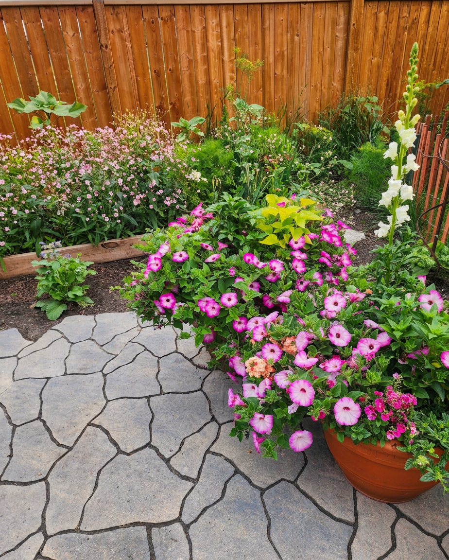 A bed of fluffy pink pretty soapwort with potted planters in shades of pink in front. 