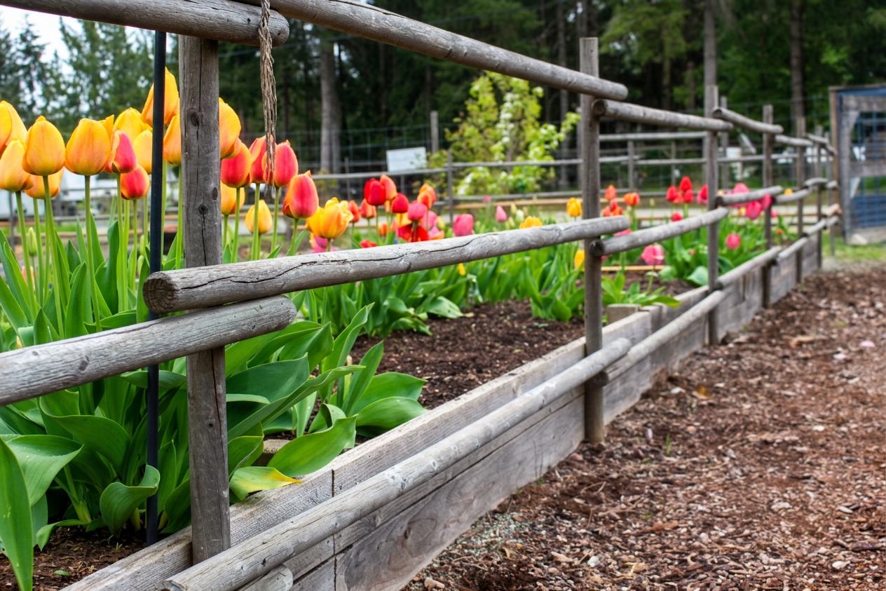 Bright tulips growing in a long garden bed, with a  pencil post fence in front. 