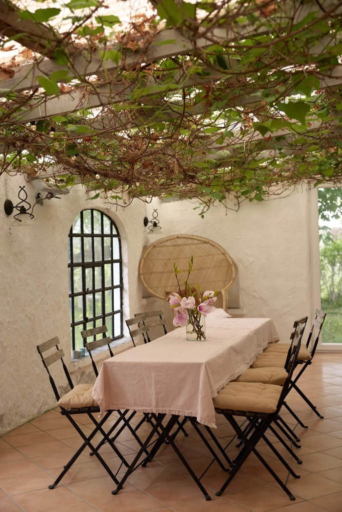 A table with metal chairs under a pergola covered in grape vines.