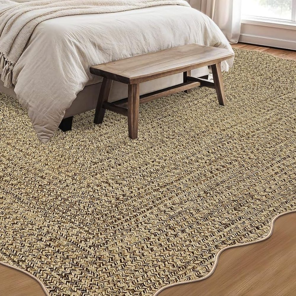 A jute looking printed rug that is machine washable. 