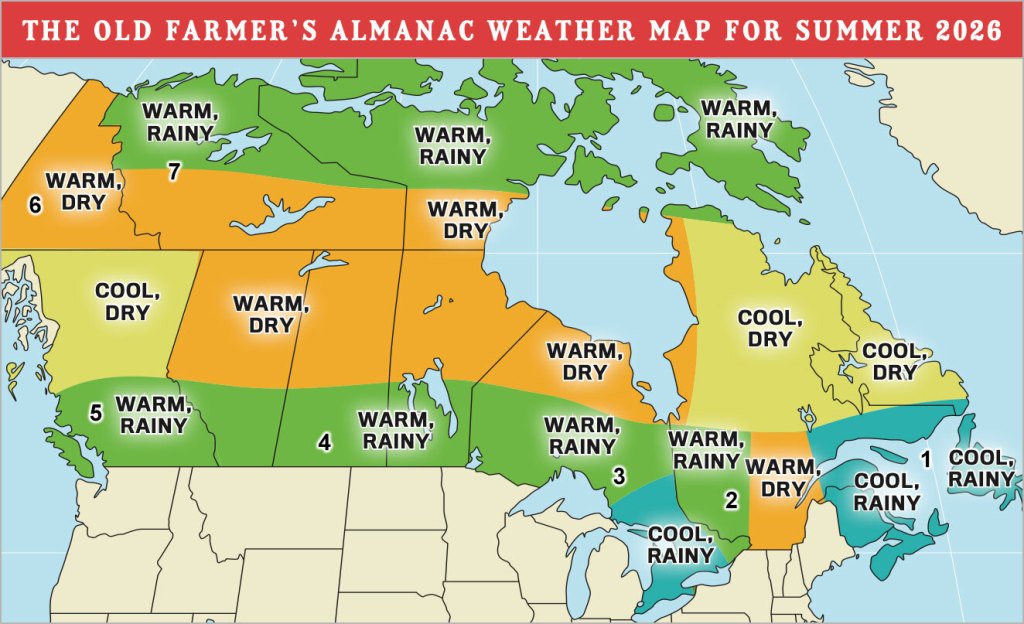 Map of Canada with weather predictions for the summer of 2026. 