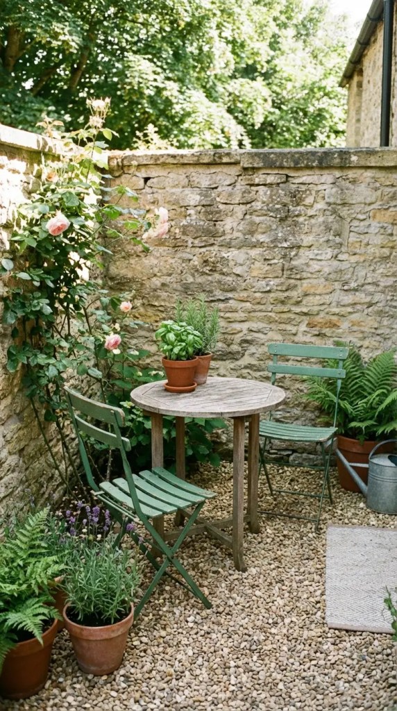 A cute patio seating area with a wooden table and green chairs. Set in a corner on a gravel patio with potted plants and a rose growing around it. 