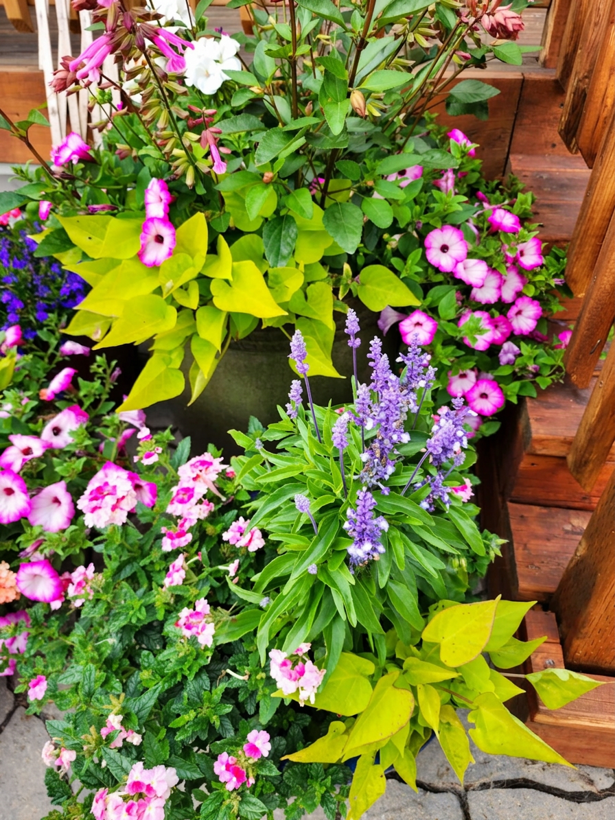Planter pots that have been generously planted with annuals. 