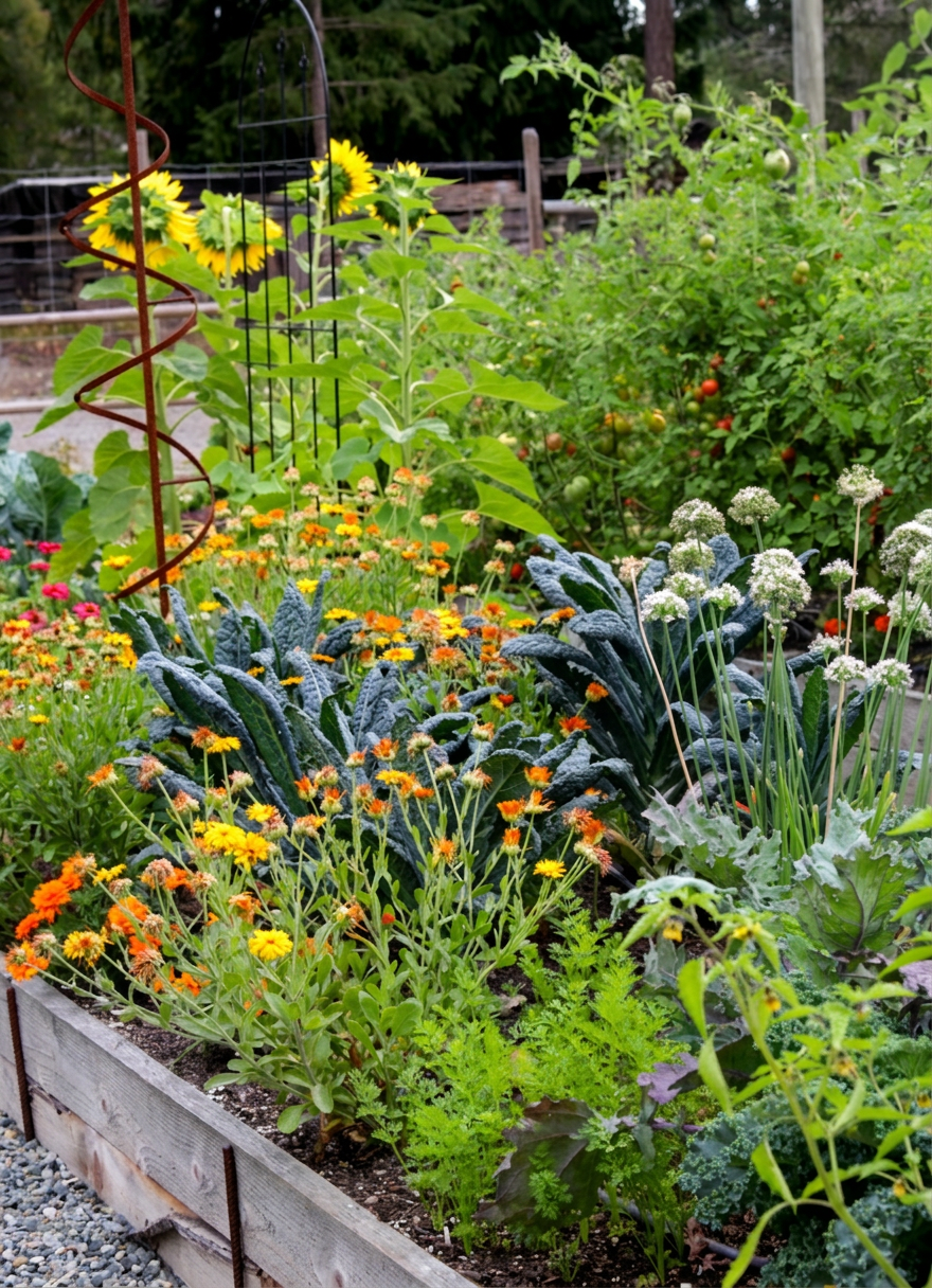A wooded raised vegetable bed with kale, garlic chives, carrots, calendula, and sunflowers growing in a beautiful mish mash. 