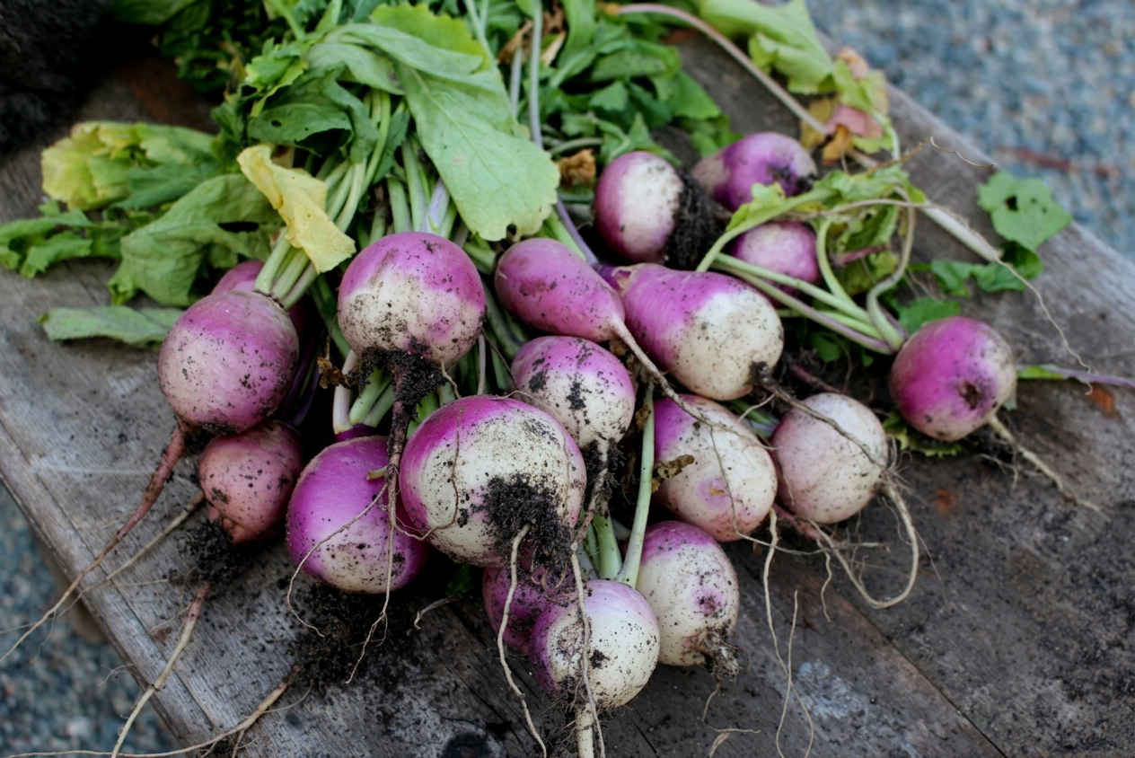 A bunch of purple and white turnips on a wooden bench. 