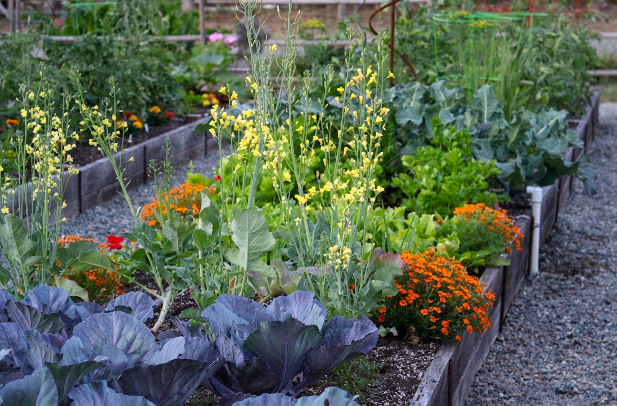Flowering broccoli that has bolted, with orange Gem Marigolds, lettuce, cabbage, and kale all growing in the same bed. 