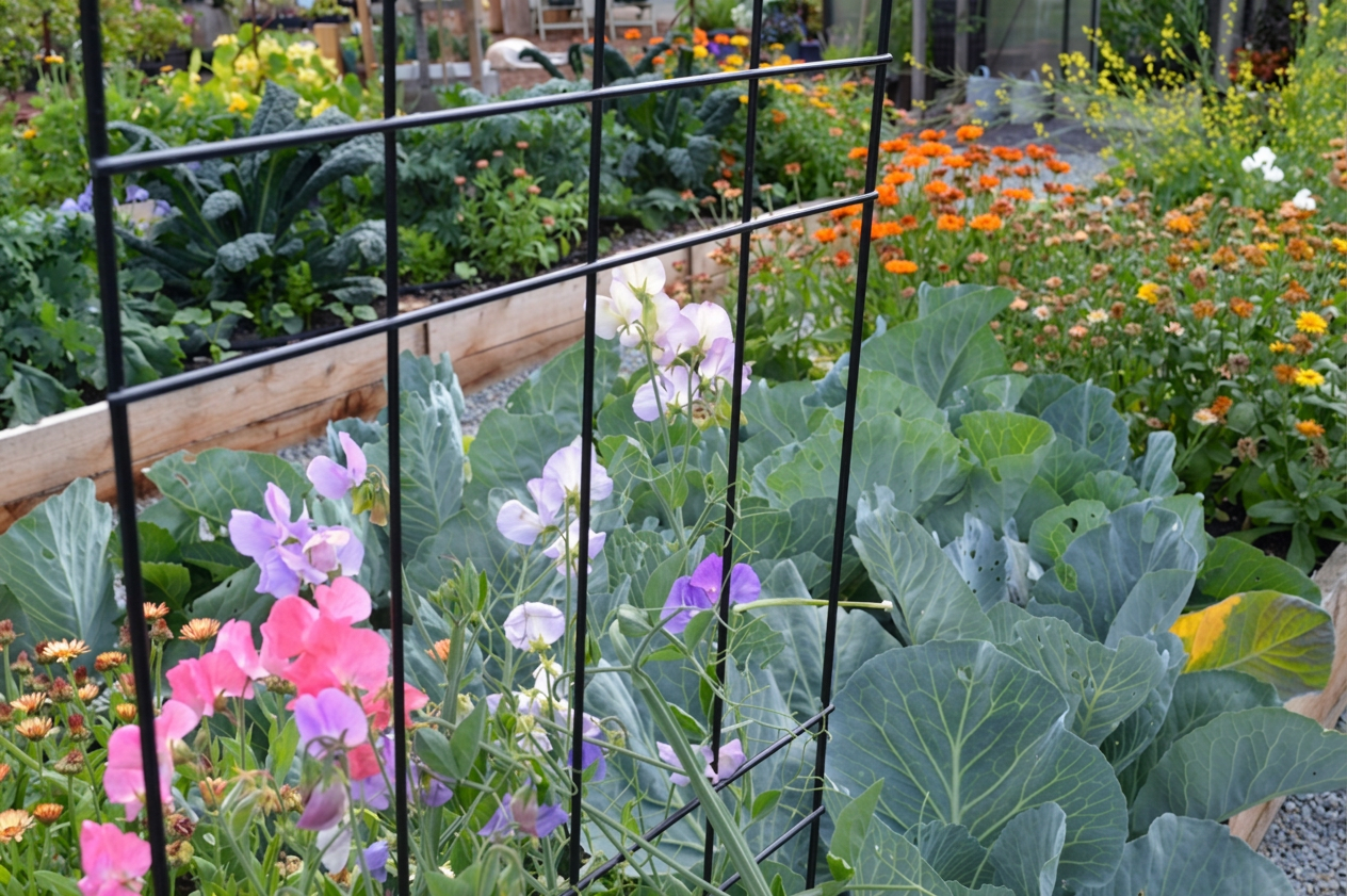 Sweet peas flowering on a trellis, a row of cabbages growing beside a row of calendula for companion planting. Kale and more flowers in another bed at the back.  