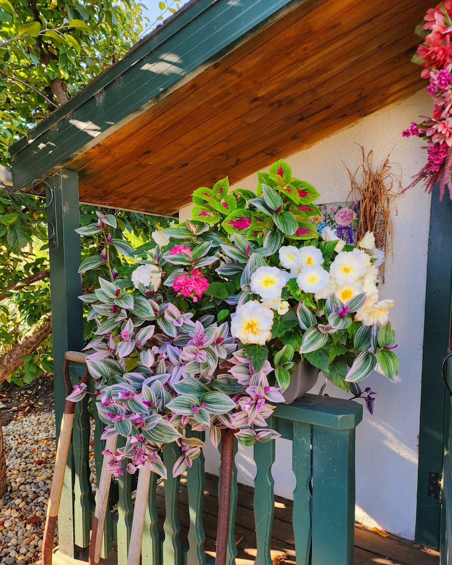 e4d703a0-c6f9-4d80-a178-8949f5d1b7b2 A railing planter box full of shade plants. Tradescantia, white begonias, and bright pink and green coleus.