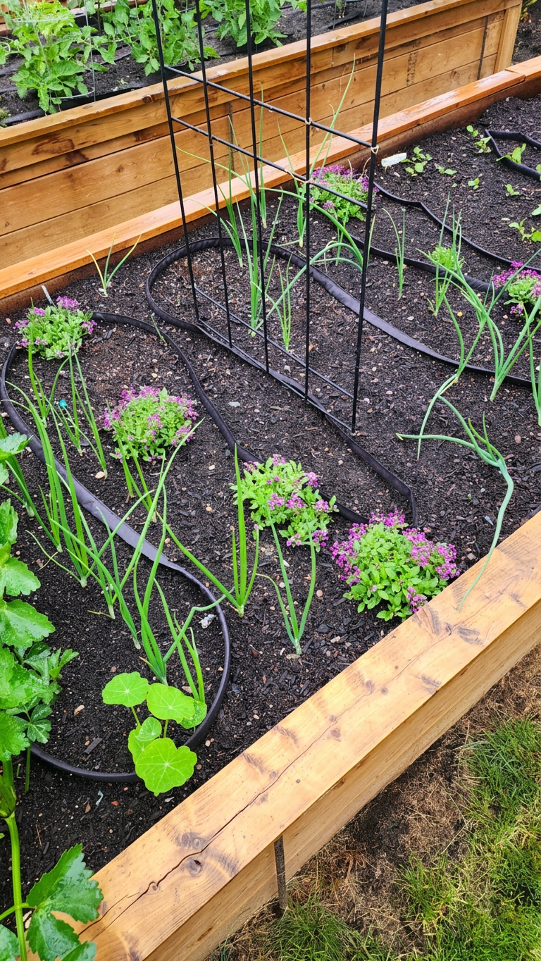 A raised garden bed with flowers and vegetables being watered by a flat, weeping hose. 