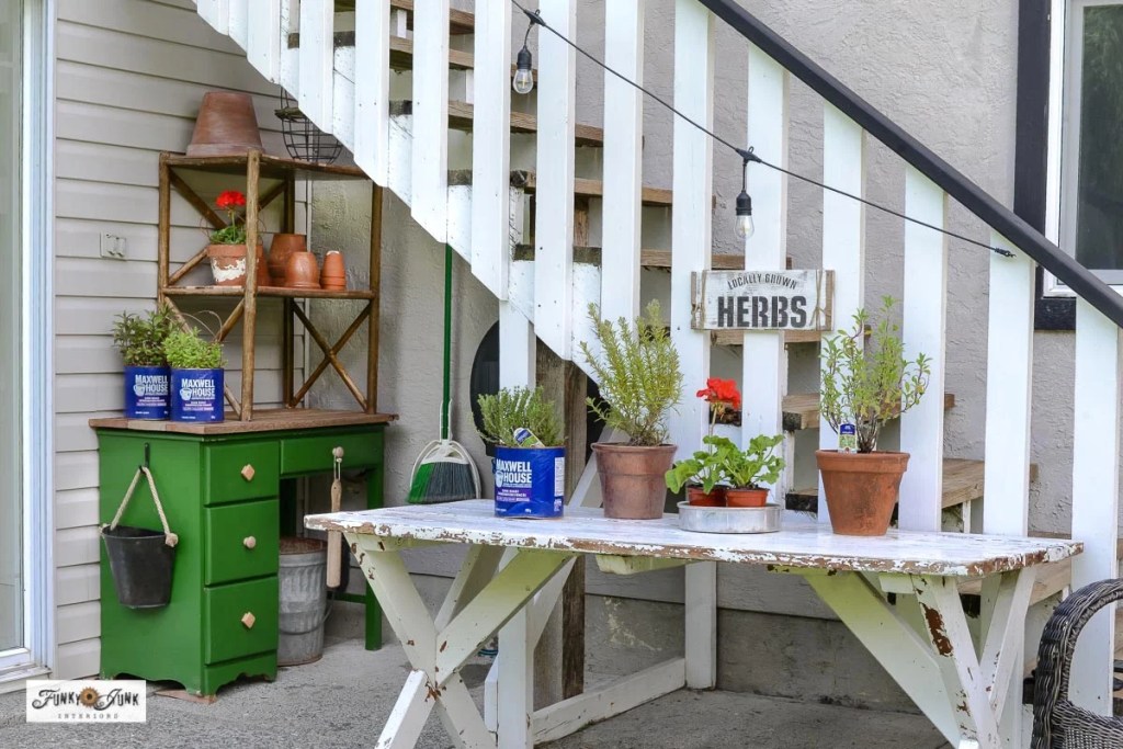 A stair nook made into a potting station.