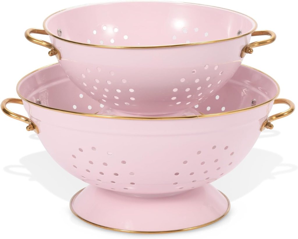 Pretty pink enamel colanders. 