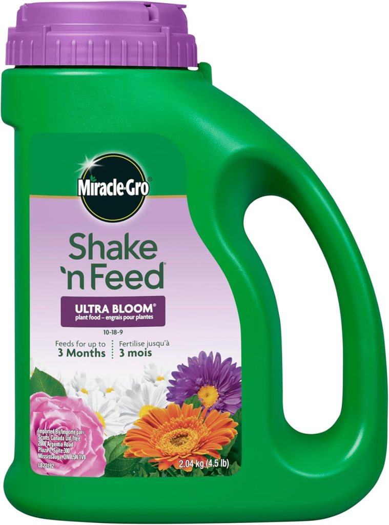 Miracle Gro shake and feed fertiliser for hanging baskets. 