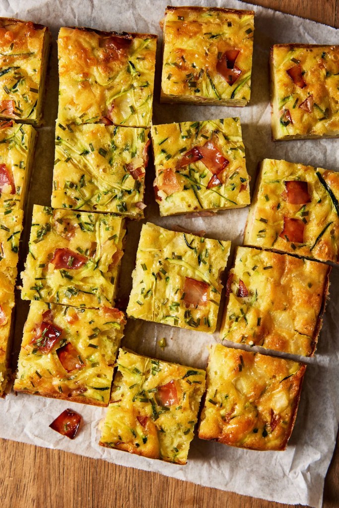 Zucchini bake is made with veggies, eggs, and sourdough.