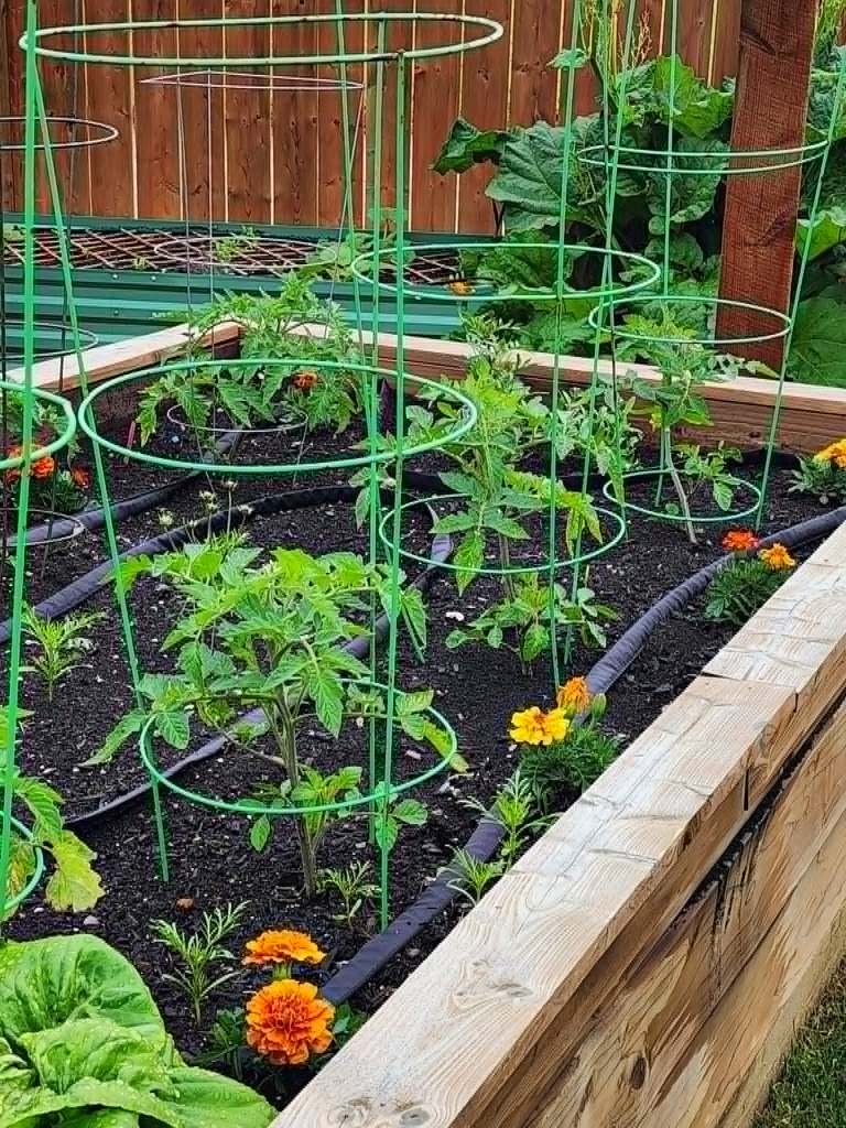 Tomato plants in an early garden with marigolds planted along the edges of the raised wooden garden bed. 