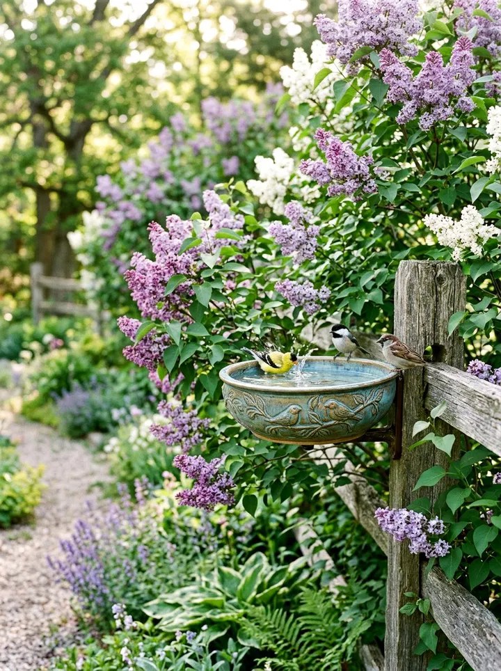 A picture of a ceramic birdbath bowl attached to a fence post on a rustic fence, with pretty lilacs blooming in the background.