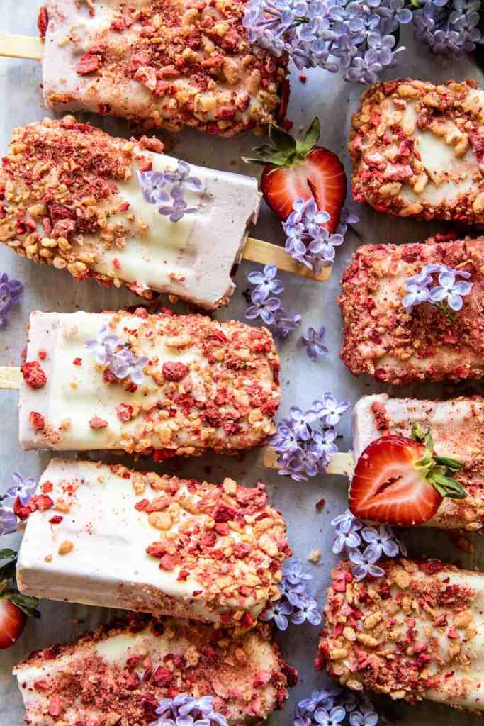 Ice cream bars with crispy rice and dried strawberries'.