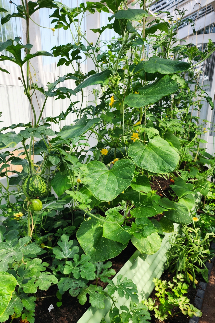 b79dc284-4f9c-4bea-9c6a-7d27e567798c Watermelons and cucumbers growing up strings in a greenhouse.