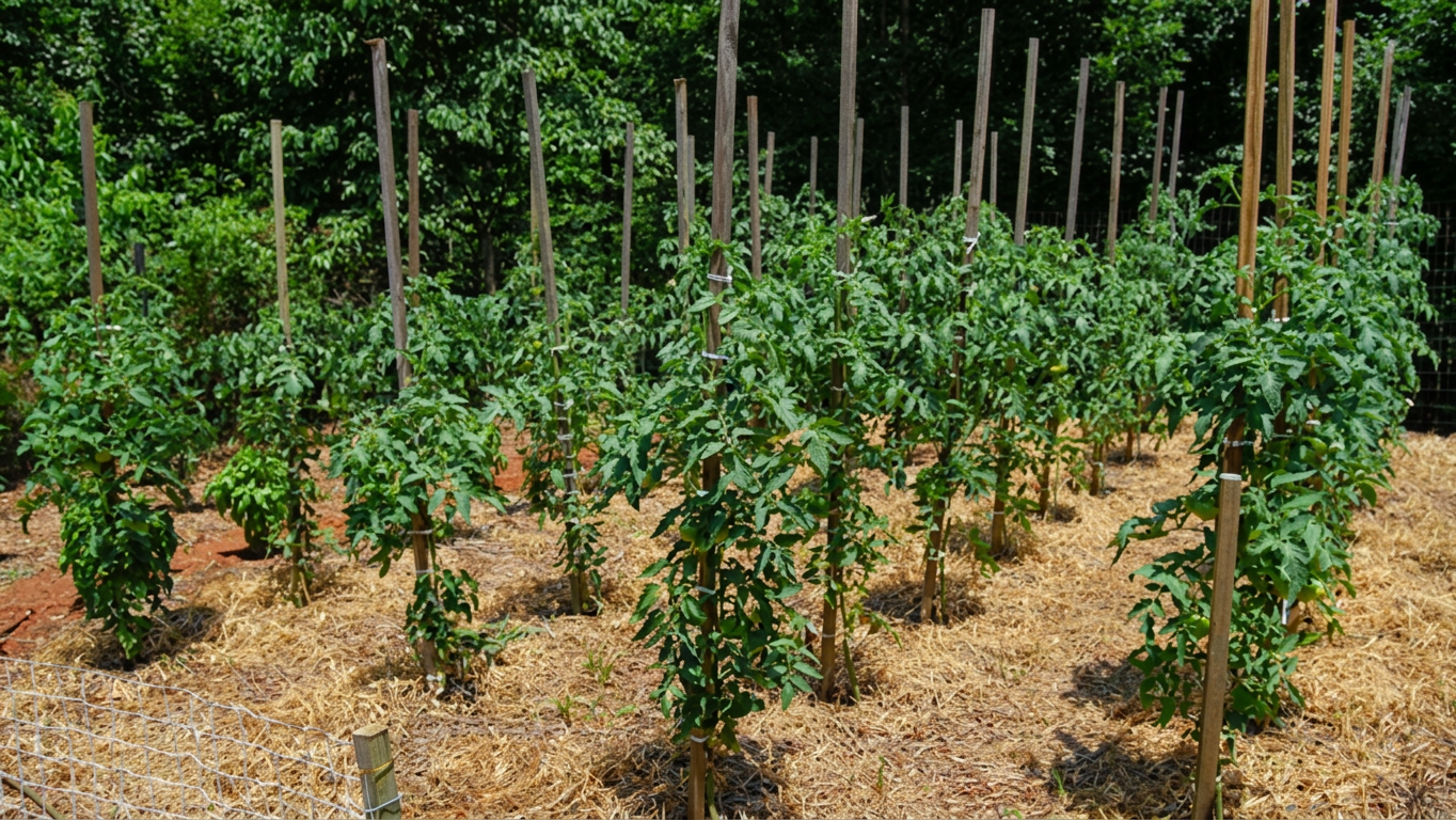 VG_toms-thumb-16x9 Rows of staked indeterminate tomato plants with straw mulch.