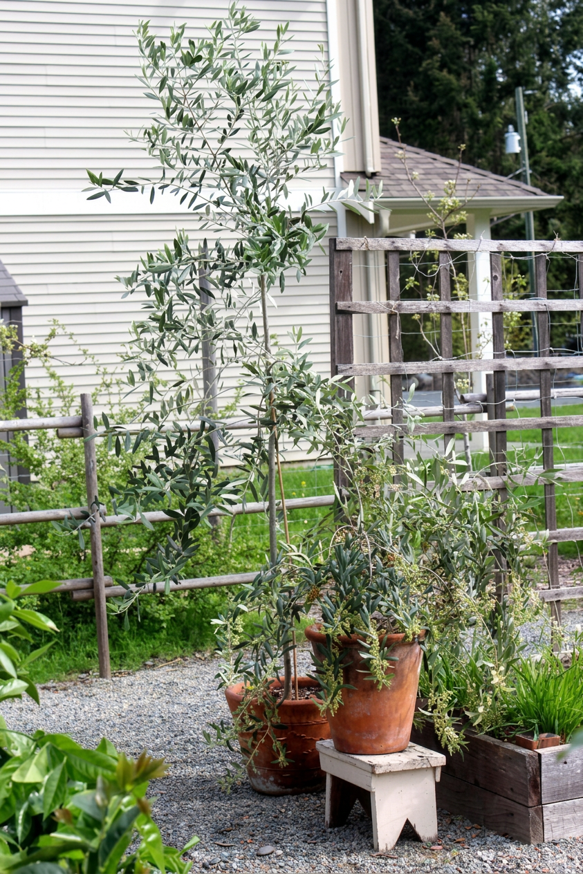 57503977_1822195097885909_21181584702963712_n Two olive trees in clay pots with a rustic pencil post fence in the background.