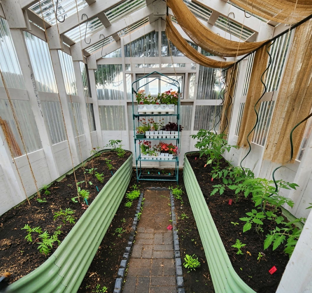 e708d561-cfe9-448e-8e4f-6bc1fe35c840 A greenhouse with two pistachio green raised beds on either side, a green rack of flowers at the back, and lots of flower seedlings coming up around the pathway.