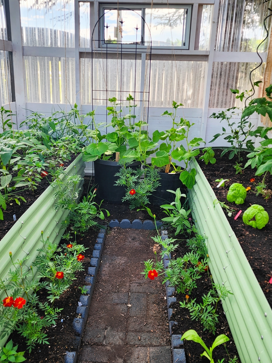 A greenhouse with green raised beds on either side, full of plants. Cucumbers are growing in black pots at the back of the greenhouse, and flowers line the pathway in the middle. 