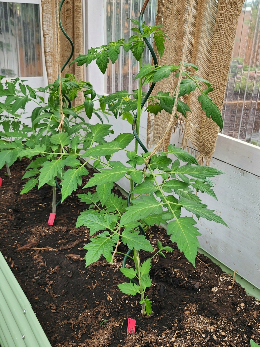 tall tomatoes growing up a metal spiral in a green, metal raised beds, inside of a white greenhouse with burlap shade cloth. 