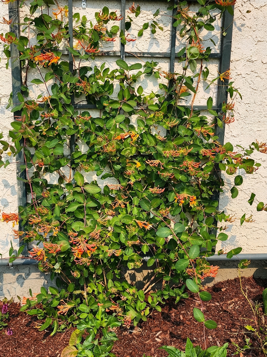 An orange flowering honeysuckle vine is loaded down with flowers. 