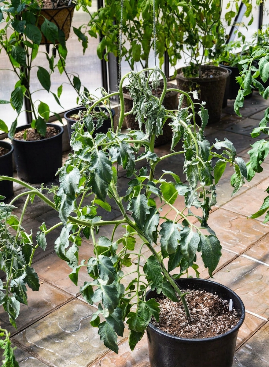 A tomato wilting in the heat, inside a greenhouse. 
